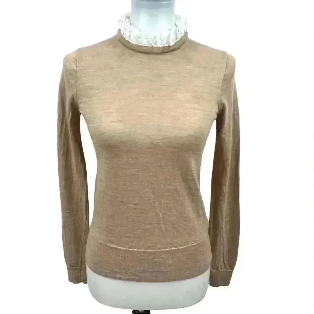 J. Crew Women's Heather Tan Merino Wool Lightweight Knit Antique Lace Collar Lon